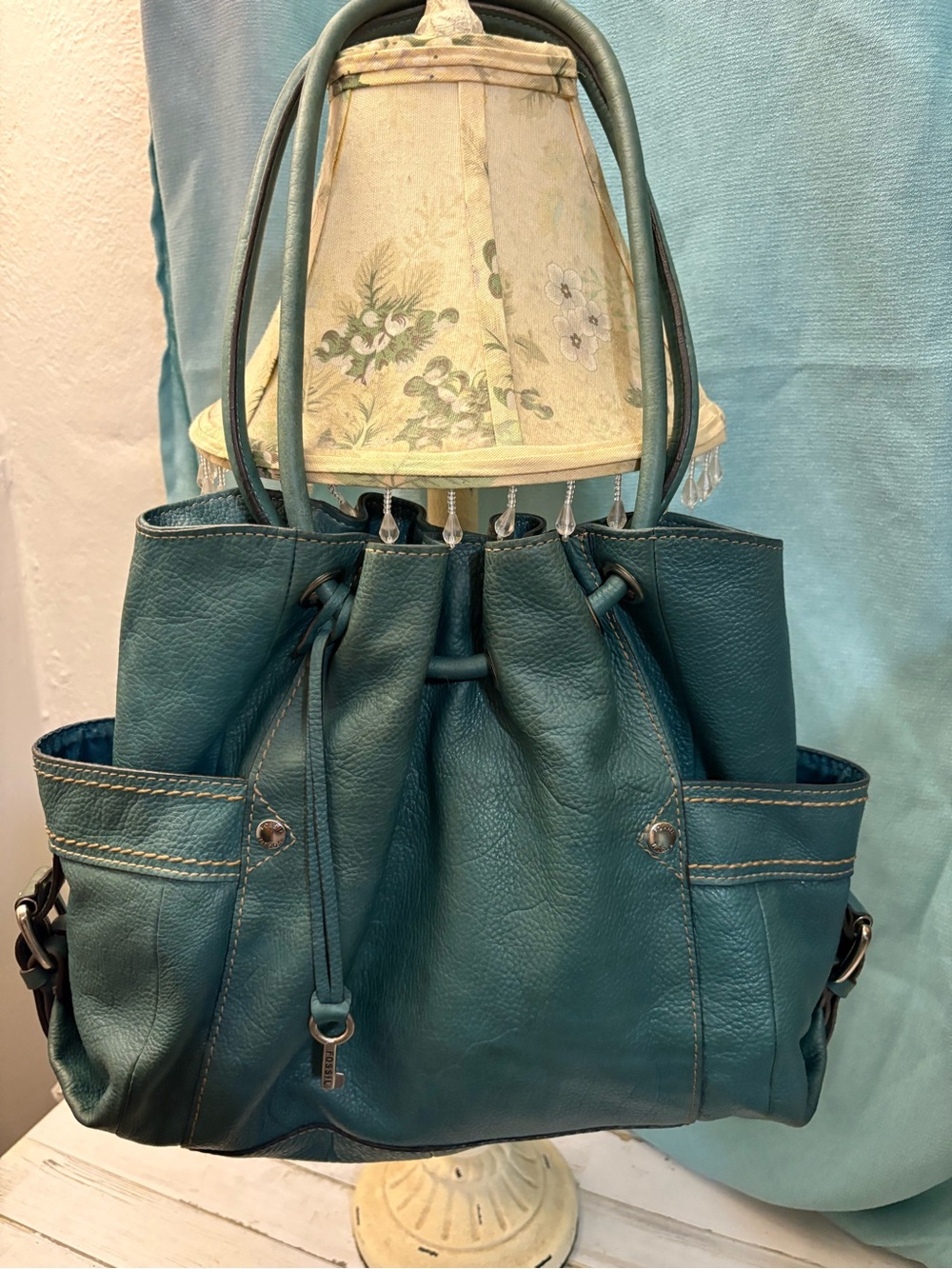 Fossil Vintage Teal Leather Bucket Hobo Bag ZB2133 Turquoise Very Good Condition